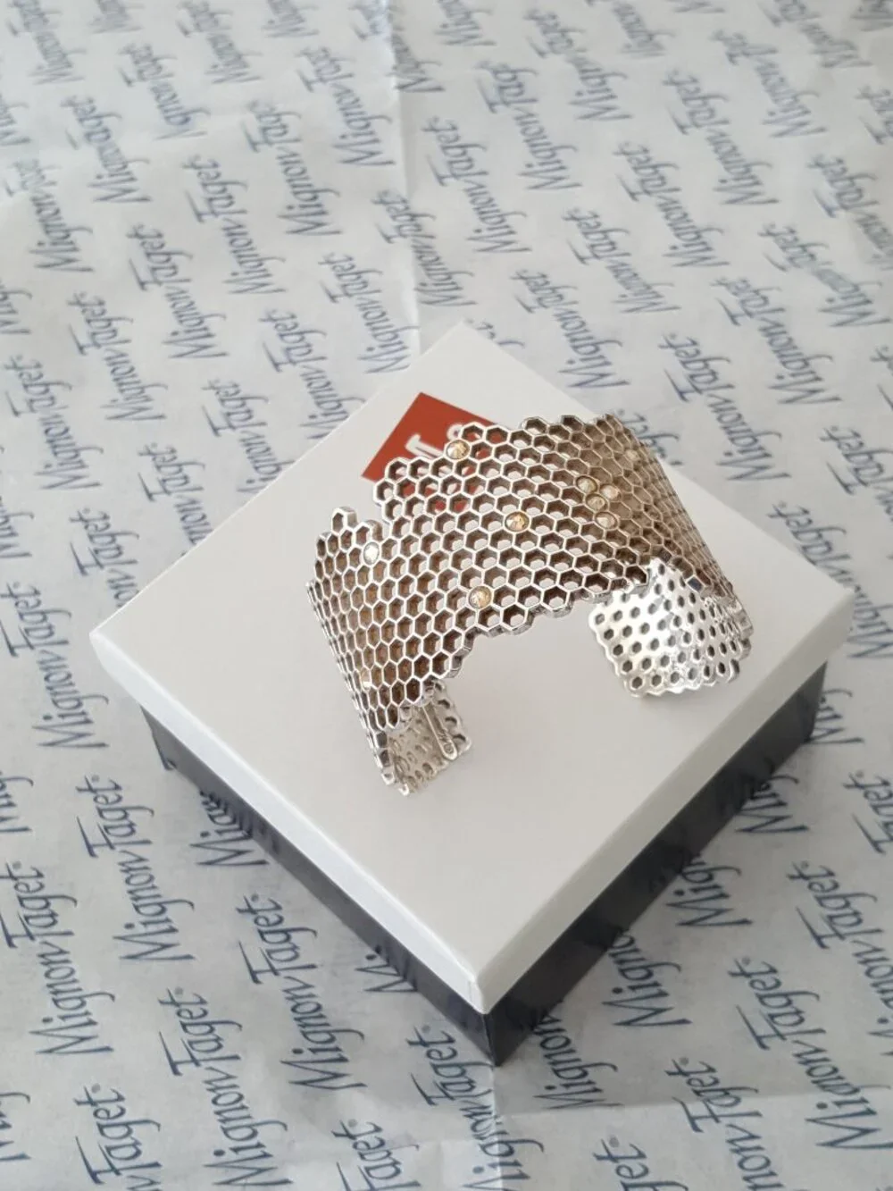 RARE Mignon Faget Hive Jeweled Wide Open Cuff Bracelet 925 Sterling Silver - Picture 10 of 14